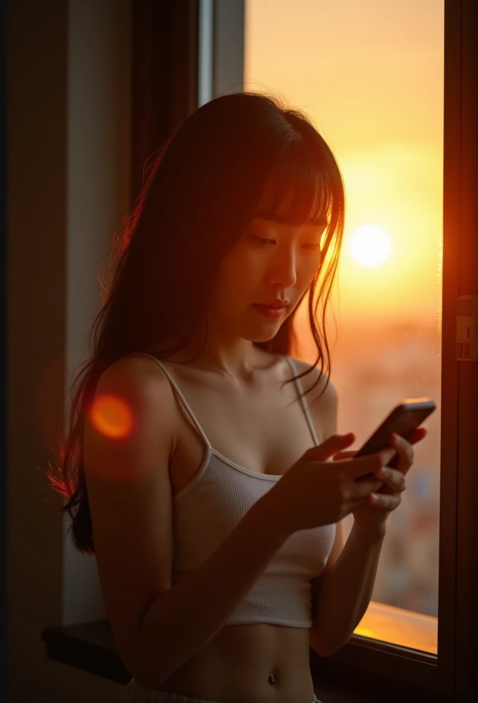 Is night, A Korean, 40 years old woman, parted lips, wearing a white camisole, is standing in front of a window. She has black hair, blunt bangs, long hair, loose hair, she is texting from her cellphone, the room appears to be dark, the girl is lit up by the sunset light coming through the window, lens flare.