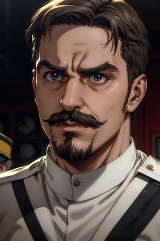 55 years old man, brown hair combed up, goatee and mustache, eyes black, serious expression, White military uniform, Marley, liberio, Obra-prima, Alta resolução, Detalhes altos, Retina.