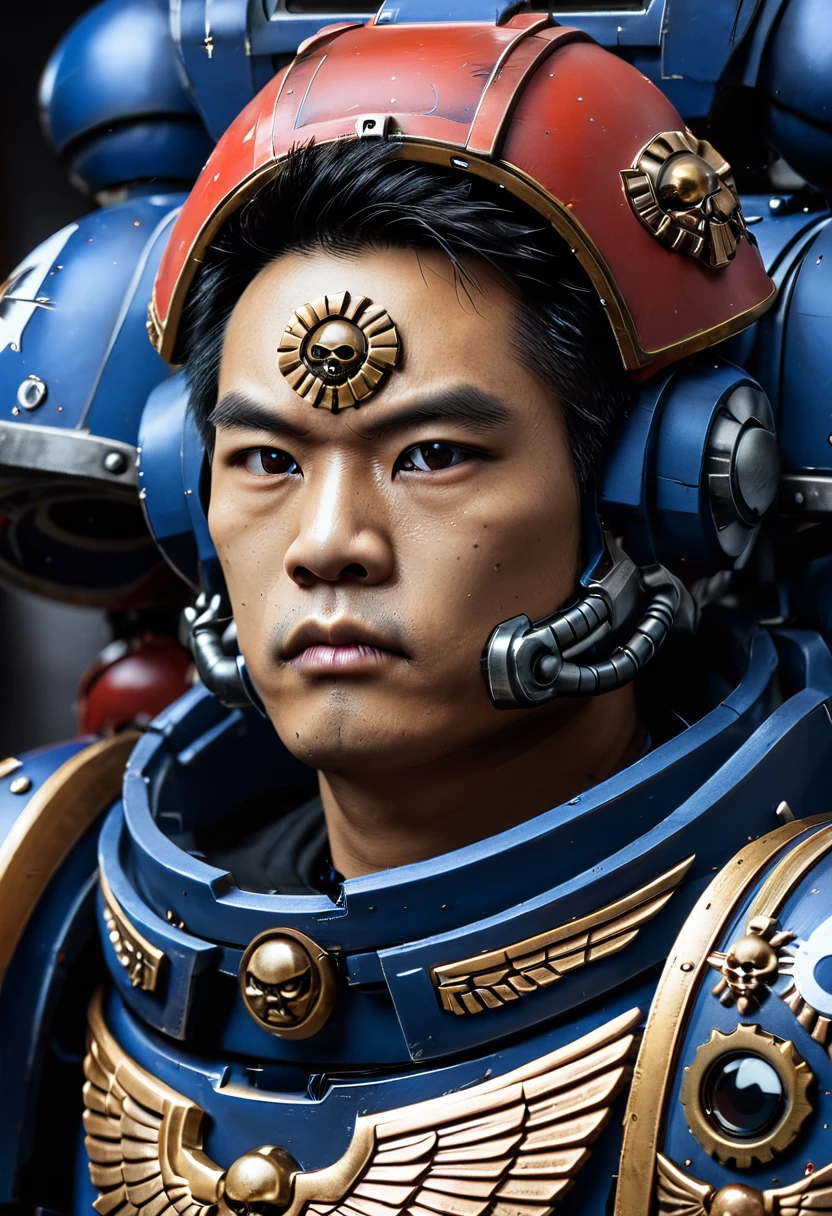 Asian man, space marines, mechanical parts on side face, camera eye,