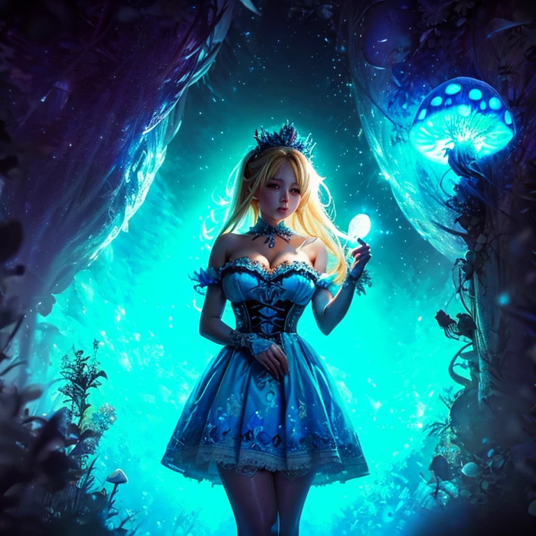 a beautiful 20 year old blonde woman with big messy hair in a blue dress, white stockings, black headband, cleavage, holding a glowing mushroom, fantasy art style, rossdraws cartoon vibrant, alice x. zhang, alice in wonderland cyberpunk, cute detailed digital art, colorfull digital fantasy art, digital fantasy art ), glossy digital painting, rossdraws pastel vibrant, rossdraws 2. 5, rossdraws 1. 0