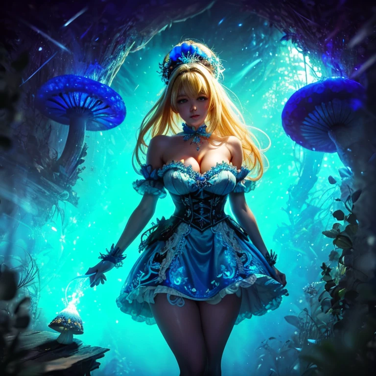 a beautiful 20 year old blonde woman with big messy hair in a blue dress, white stockings, black headband, cleavage, holding a glowing mushroom, fantasy art style, rossdraws cartoon vibrant, alice x. zhang, alice in wonderland cyberpunk, cute detailed digital art, colorfull digital fantasy art, digital fantasy art ), glossy digital painting, rossdraws pastel vibrant, rossdraws 2. 5, rossdraws 1. 0