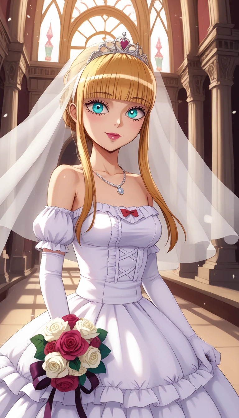 score_9, score_8_up, score_8, medium breasts, (curvy), cute, eyelashes, ((masterpiece,best quality,ultra detailed,highres,HD,4k:1.2), colombine, karakuri circus, blonde hair, hairband, sidelocks, aqua eyes, gothic, makeup, wearing a white satin ballgown wedding dress, opera gloves, veil, tiara, bow belt, holding bouquet, walking down the aisle in a grand cathedral, realistic, HD, 4k, crisp resolution,  masterpiece, best quality, ultra-detailed, ultra high res, (photorealistic:1.4), raw photo, (realistic:0.2), CG, {4k|8k} HDR, perfect lighting, 1girl, solo, looking at viewer,  (detailed background :1.1), 
Necklace, Sweet Smile, Blushing, Dutch Angle, Anime