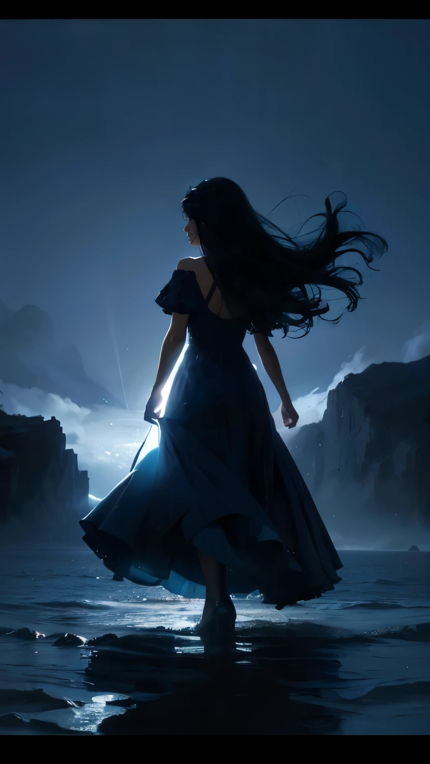 A movie poster featuring the silhouette of a girl against a rainy mountain background, with a huge star behind the girl, and the ground looks like a sea of ​​sparkling blue water. The girl has long, wavy hair like shadows, she wears a ruffled dress. Just looking at its dark silhouette, and the large star that shines in bluish white, makes the ground resemble the sea, while the bright blue waters shine., cinematic, painting, poster