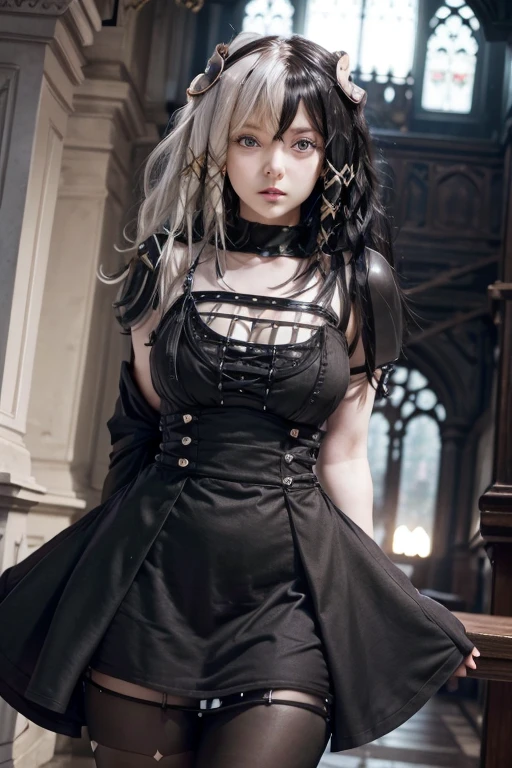 1 girl,Olantilene , x hair ornament, heterochromia, black eyes, grey eyes, fitted dress,  open neck dress small dress, sex dress ,B , waist 50 cm and hips 60 cm,wide thighs,muslos grandes, in a gothic castle ..