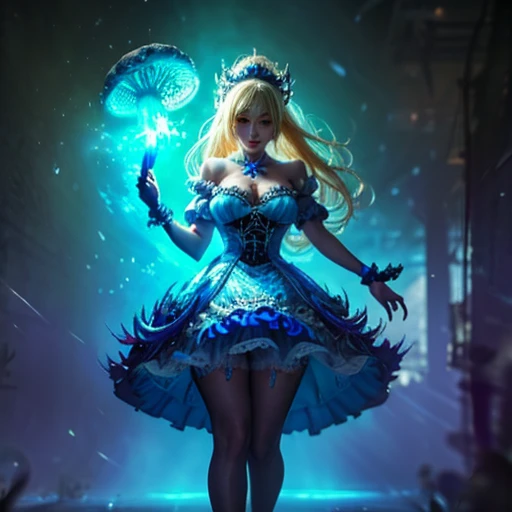 a beautiful 20 year old blonde woman with big messy hair in a blue dress, white stockings, black headband, cleavage, holding a glowing mushroom, fantasy art style, rossdraws cartoon vibrant, alice x. zhang, alice in wonderland cyberpunk, cute detailed digital art, colorfull digital fantasy art, digital fantasy art ), glossy digital painting, rossdraws pastel vibrant, rossdraws 2. 5, rossdraws 1. 0