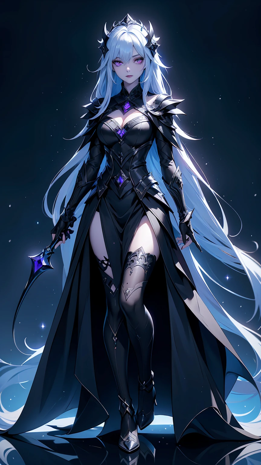 dark ultramarine blue futuristic elf demon warrior queen girl in coverall armored suit (((skirt))) mantle (hem) with sword, ((lacy)), futurism, cyberpunk, silk, fur, (stockings), decollete, natural breasts, slim body, zettai ryouiki, medium length dull scarlet hair, (beautiful detailed bright magenta eyes), portrait, (beautiful and aesthetic:1.2, fractal art:1.4), most realistic, highest quality, best quality, Detailed, Realistic, 4k highly detailed digital art, octane render, bioluminescent, (cool_color), best pixels, 8k ultra
