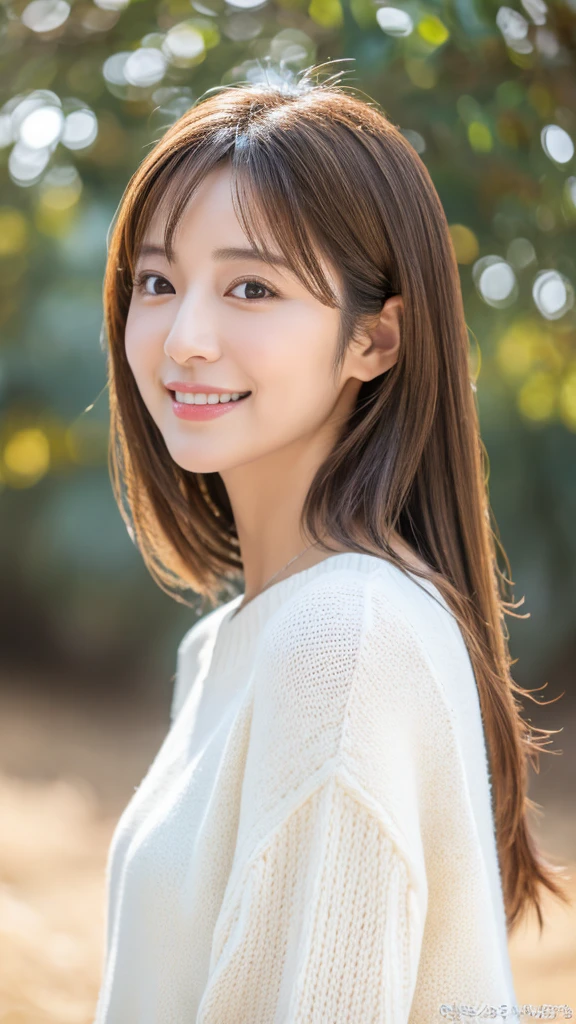 Beautiful black eyes、dual、natural skin textures:1.8, realistic eyes and face details:1.7、middlebreasts、in 8K,Best Quality:1.4, 超A high resolution:1.5, (Photorealistic:1.4),masterpiece:1.2,(top-quality:1.4)、 Raw photo、 (the background is blurred), Girl in 1, Cute, (Solo:1.4), (Shy smile), 、 (Brown medium hair,Bangs),nogizaka,Beautiful body, Full body background、cute face、Realism、real looking skin、Breast E Cup,Wear tight-fitting knitwear that shows off your body lines