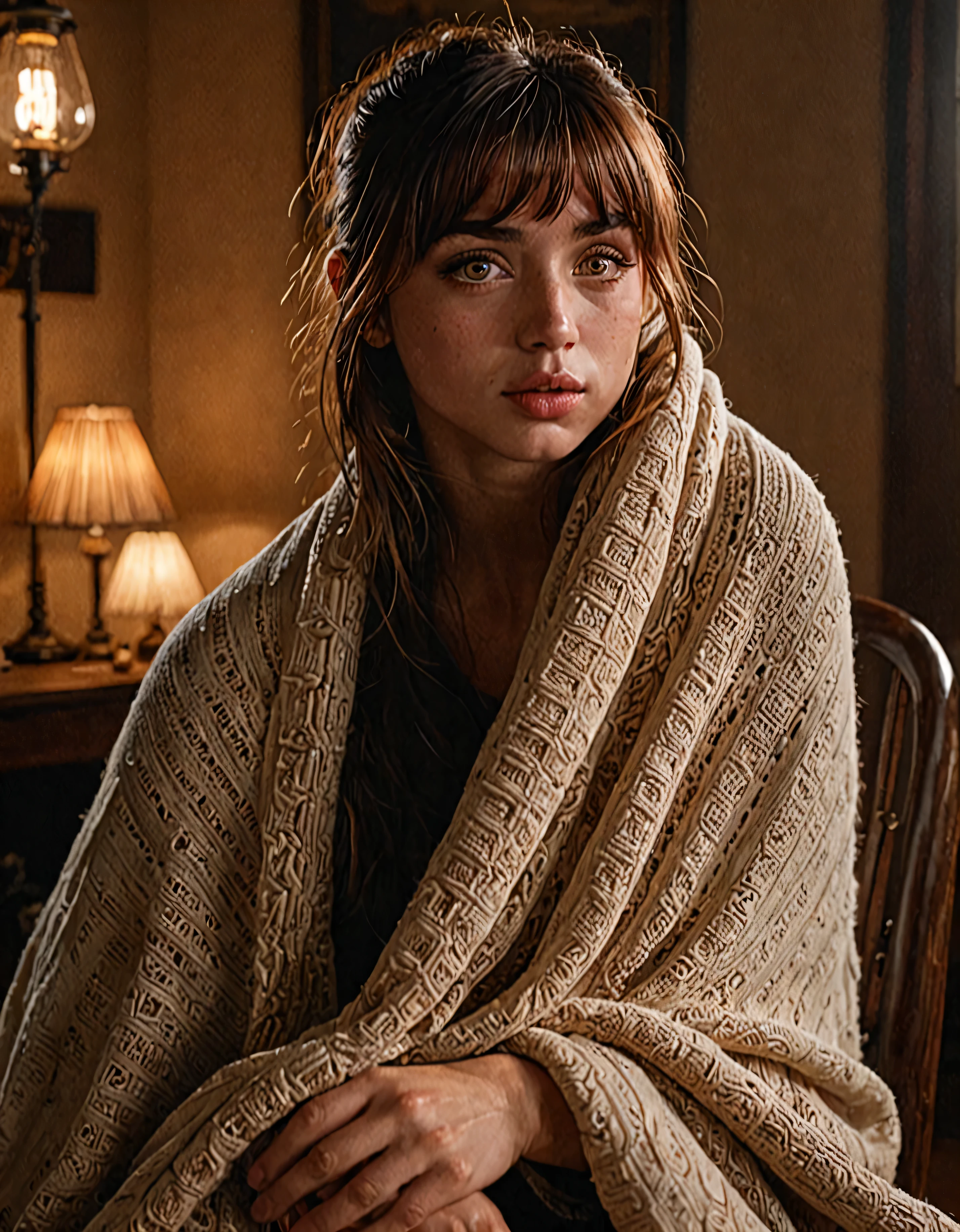 a woman j0i with bangs, sitting in a chair wrapped in a blanket, (best quality,4k,8k,highres,masterpiece:1.2),ultra-detailed,(realistic,photorealistic,photo-realistic:1.37),detailed face,detailed eyes,detailed lips,beautiful detailed face,beautiful detailed skin,beautiful detailed eyes,beautiful detailed lips,long eyelashes,soft lighting,warm color tones,cinematic lighting,chiaroscuro lighting,digital painting,highly detailed,photorealistic,concept art,studio lighting