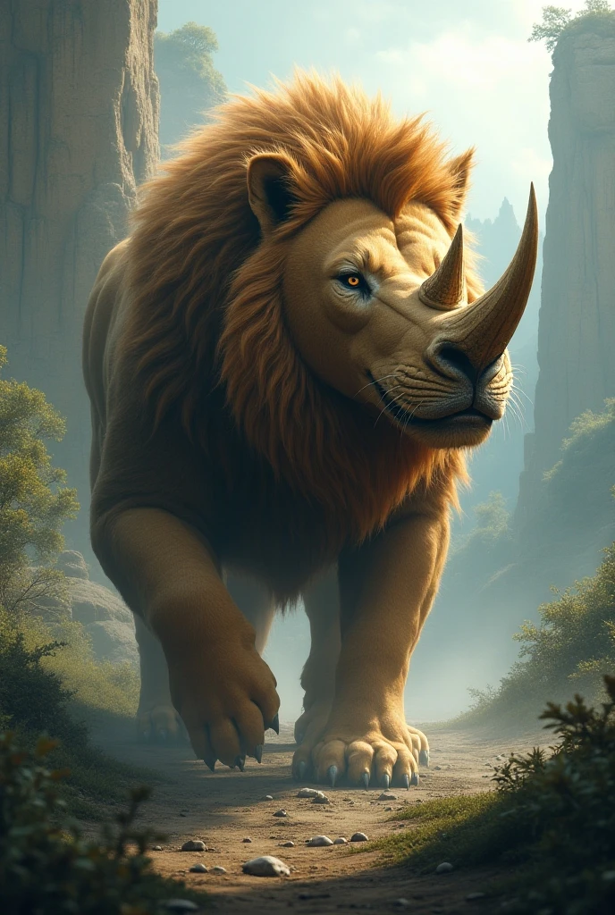 Generate the a picture of hybrid lion and Rhino fusion 
