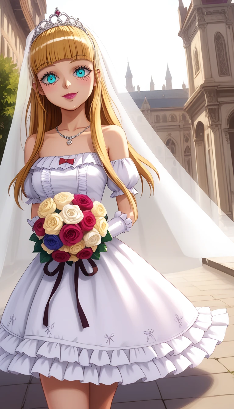 score_9, score_8_up, score_8, medium breasts, (curvy), cute, eyelashes, ((masterpiece,best quality,ultra detailed,highres,HD,4k:1.2), colombine, karakuri circus, blonde hair, hairband, sidelocks, aqua eyes, gothic, makeup, wearing a white satin ballgown wedding dress, opera gloves, veil, tiara, bow belt, holding bouquet, walking down the aisle in a grand cathedral, realistic, HD, 4k, crisp resolution,  masterpiece, best quality, ultra-detailed, ultra high res, (photorealistic:1.4), raw photo, (realistic:0.2), CG, {4k|8k} HDR, perfect lighting, 1girl, solo, looking at viewer,  (detailed background :1.1), 
Necklace, Sweet Smile, Blushing, Dutch Angle, Anime