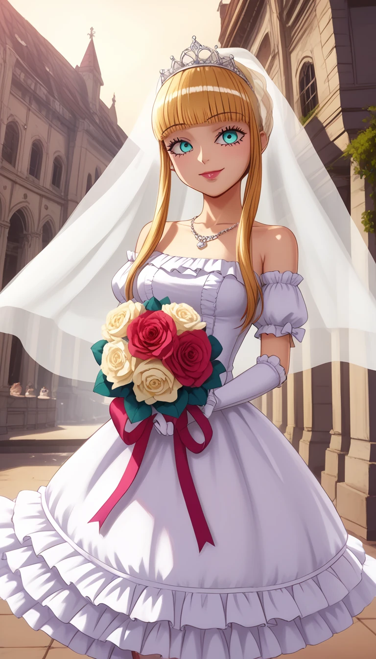 score_9, score_8_up, score_8, medium breasts, (curvy), cute, eyelashes, ((masterpiece,best quality,ultra detailed,highres,HD,4k:1.2), colombine, karakuri circus, blonde hair, hairband, sidelocks, aqua eyes, gothic, makeup, wearing a white satin ballgown wedding dress, opera gloves, veil, tiara, bow belt, holding bouquet, walking down the aisle in a grand cathedral, realistic, HD, 4k, crisp resolution,  masterpiece, best quality, ultra-detailed, ultra high res, (photorealistic:1.4), raw photo, (realistic:0.2), CG, {4k|8k} HDR, perfect lighting, 1girl, solo, looking at viewer,  (detailed background :1.1), 
Necklace, Sweet Smile, Blushing, Dutch Angle, Anime