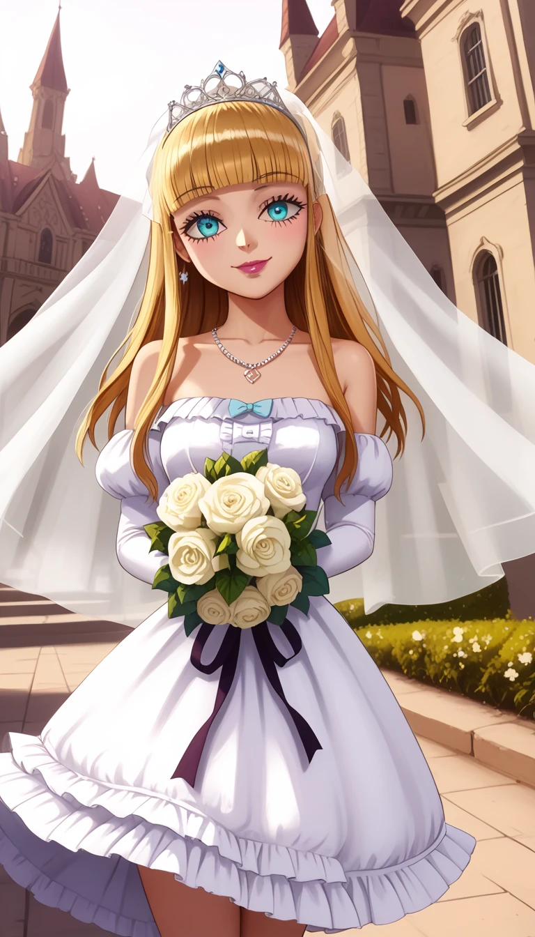 score_9, score_8_up, score_8, medium breasts, (curvy), cute, eyelashes, ((masterpiece,best quality,ultra detailed,highres,HD,4k:1.2), colombine, karakuri circus, blonde hair, hairband, sidelocks, aqua eyes, gothic, makeup, wearing a white satin ballgown wedding dress, opera gloves, veil, tiara, bow belt, holding bouquet, walking down the aisle in a grand cathedral, realistic, HD, 4k, crisp resolution,  masterpiece, best quality, ultra-detailed, ultra high res, (photorealistic:1.4), raw photo, (realistic:0.2), CG, {4k|8k} HDR, perfect lighting, 1girl, solo, looking at viewer,  (detailed background :1.1), 
Necklace, Sweet Smile, Blushing, Dutch Angle, Anime