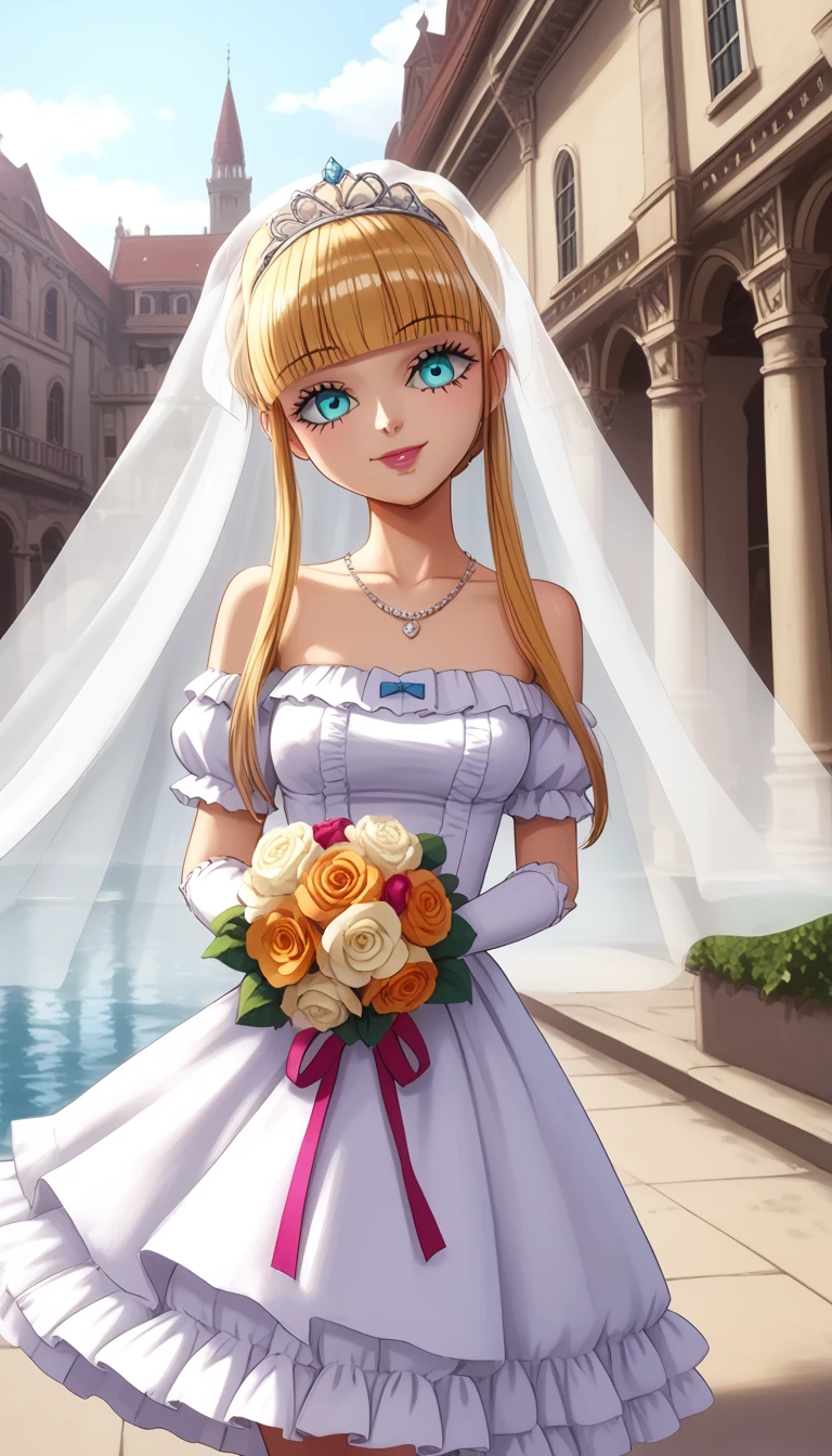 score_9, score_8_up, score_8, medium breasts, (curvy), cute, eyelashes, ((masterpiece,best quality,ultra detailed,highres,HD,4k:1.2), colombine, karakuri circus, blonde hair, hairband, sidelocks, aqua eyes, gothic, makeup, wearing a white satin ballgown wedding dress, opera gloves, veil, tiara, bow belt, holding bouquet, walking down the aisle in a grand cathedral, realistic, HD, 4k, crisp resolution,  masterpiece, best quality, ultra-detailed, ultra high res, (photorealistic:1.4), raw photo, (realistic:0.2), CG, {4k|8k} HDR, perfect lighting, 1girl, solo, looking at viewer,  (detailed background :1.1), 
Necklace, Sweet Smile, Blushing, Dutch Angle, Anime