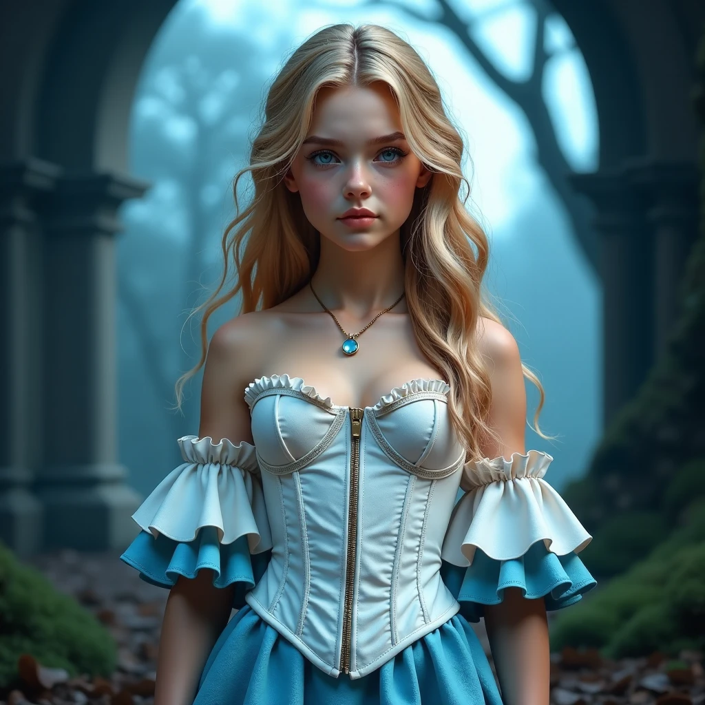 (ultra realistic), (female teenager),(Russian ethnicity) ,(witch), (perfect anatomy), (Ultra Detailed), ((better quality)), (Whole body), A young girl, with long hair, wavy and blond , and blue eyes. She wears a white zipped corset  (sample shoulders) With cleavage,  loose sleeves and blue ruffles at the end ,  and a blue skirt with white layered ruffles . Ela também usa seu chapéu de witch azul semelhante a uma boina.  Behind her an image that appears to be the fabric of reality tearing apart like a mirror.