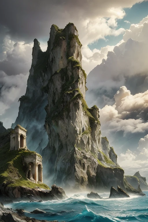 a mysterious island in the middle of the ocean,dramatic lighting,dramatic clouds,rocky cliffs,towering mountains,mysterious fog,dramatic ocean waves,ancient ruins,overgrown vegetation,cinematic composition,moody atmosphere,atmospheric lighting,fantasy landscape,muted color palette,realistic rendering,highly detailed,photorealistic,masterpiece