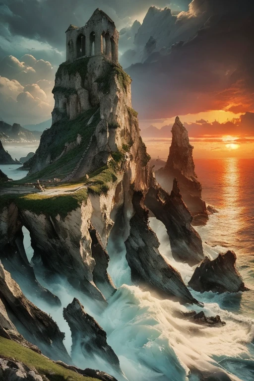 a mysterious island in the middle of the ocean,dramatic lighting,dramatic clouds,rocky cliffs,towering mountains,mysterious fog,dramatic ocean waves,ancient ruins,overgrown vegetation,cinematic composition,moody atmosphere,atmospheric lighting,fantasy landscape,muted color palette,realistic rendering,highly detailed,photorealistic,masterpiece