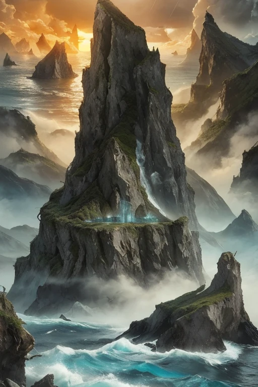 a mysterious island in the middle of the ocean,dramatic lighting,dramatic clouds,rocky cliffs,towering mountains,mysterious fog,dramatic ocean waves,ancient ruins,overgrown vegetation,cinematic composition,moody atmosphere,atmospheric lighting,fantasy landscape,muted color palette,realistic rendering,highly detailed,photorealistic,masterpiece