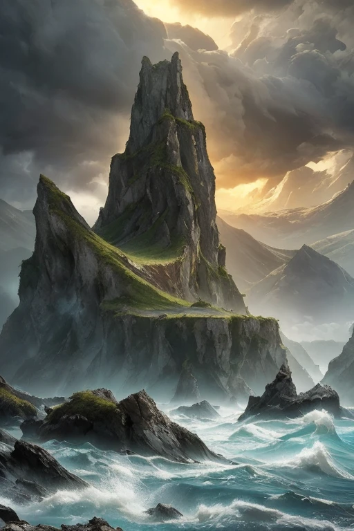 a mysterious island in the middle of the ocean,dramatic lighting,dramatic clouds,rocky cliffs,towering mountains,mysterious fog,dramatic ocean waves,ancient ruins,overgrown vegetation,cinematic composition,moody atmosphere,atmospheric lighting,fantasy landscape,muted color palette,realistic rendering,highly detailed,photorealistic,masterpiece