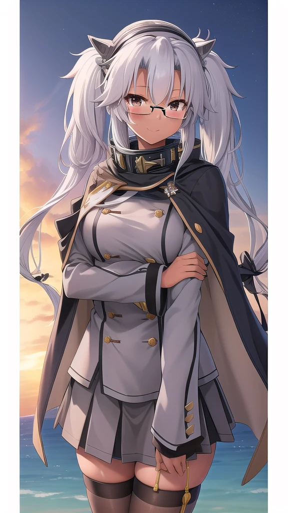 ((masterpiece)),(best quality),official art,extremely detailed CG,unity 8k wallpaper,ultra detailed,A lighthouse on a cliff by the sea,1girl,solo,cowboy shot,grey_jacket,grey-framed_eyewear,button,dark_skin,tan,glasses,twintails,rectangular_eyewear,looking_at_viewer,black_thighhighs,hair_between_eyes,semi-rimless_eyewear,very_long_hair,large_breasts,brown_eyes,grey_skirt,pleated_skirt,headgear,long_sleeves,grey_nails,blush,grey_hair,gorget,smile,black_skirt,miniskirt,jewelry,collar,cape,sakuramon,