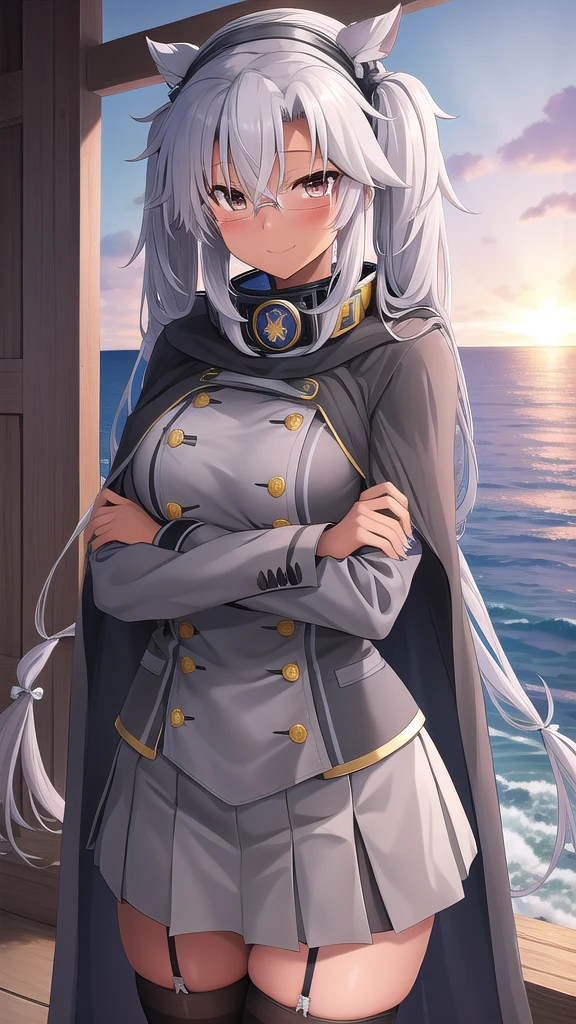 ((masterpiece)),(best quality),official art,extremely detailed CG,unity 8k wallpaper,ultra detailed,A lighthouse on a cliff by the sea,1girl,solo,cowboy shot,grey_jacket,grey-framed_eyewear,button,dark_skin,tan,glasses,twintails,rectangular_eyewear,looking_at_viewer,black_thighhighs,hair_between_eyes,semi-rimless_eyewear,very_long_hair,large_breasts,brown_eyes,grey_skirt,pleated_skirt,headgear,long_sleeves,grey_nails,blush,grey_hair,gorget,smile,black_skirt,miniskirt,jewelry,collar,cape,sakuramon,