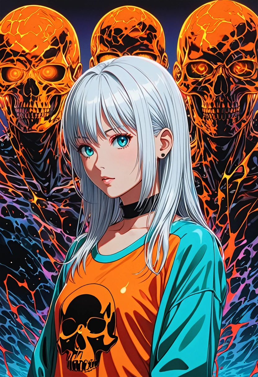 Imagine that you are in a future of 2500 in front of freezing dark dark dark animation 2 .5D manga niji6 strong features oil ink art super details ultra realism in art bulma sexy   + Iori Yagami sexy terror Aqua absoluto atraente shirt justa orange withe neon Neon dark full com olhos blue dark grandes full, White hair with red neon highlights with a shiny skull next to you in reality style photo realism maximum quality details super graphic perfection of the latest generation