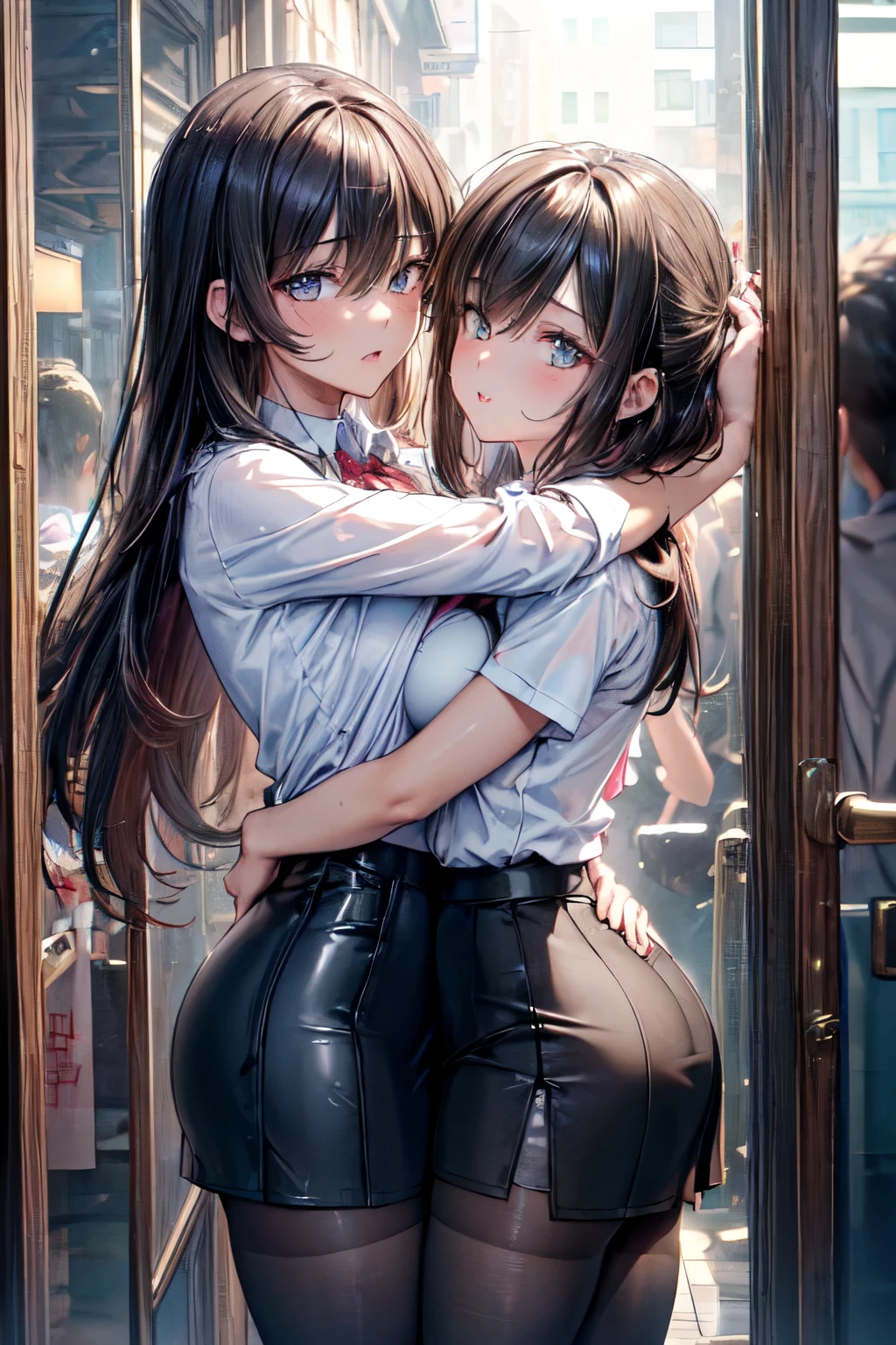 (masterpiece, Best Quality, high resolution, super ditailed, 4K, 8k:1.4),
( one girl playing pranks, Thin macho and fresh young man :1.2), from side, cowboy shot, (Gazing at each other, Embrace each other, hug:1.2), saliva trail, torn pantyhose, White shirt , black pencil skirt, sweat, Big Breasts, very detailed , blush, Tall handsome man, erection, President's Office