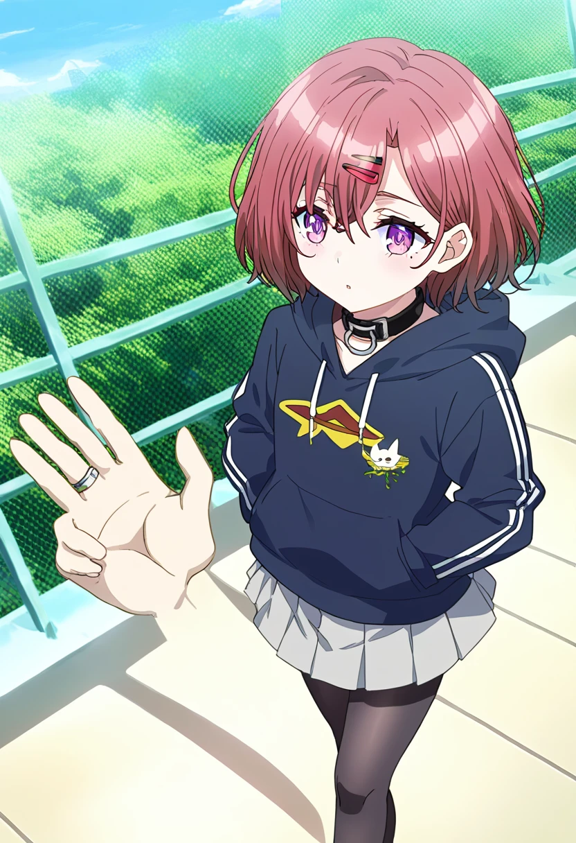 (((higuchi_madoka))),((( a girl in))),((( brown hair ))),(((hair clips))),((( Mole under the eyes ))),(( short hair))),(( (bangss))),(((wearing a black hood))),(((Gray pleated skirt))),((( black tights ))),(((Shirt with collar)))),((long branch))) ,((( purple eyes ))),(( perfect hands)))(((perfect anatomy)))(Beautiful and detailed eyes: 1.6)、(((extra detailed face)))、Walking、 Wooded walk with yellow ginkgo trees、 Yellow ginkgo leaves floating in the wind 、soft light、Ring lights、 Super high resolution 、high quality、magnificent、high quality、nothing、 extremely detailed CG 、Mesa、better quality、  ultra-detailed 、From above、looking at the sky、Apple-like appearance 、((( I have my hand in my sweatshirt pocket .)))