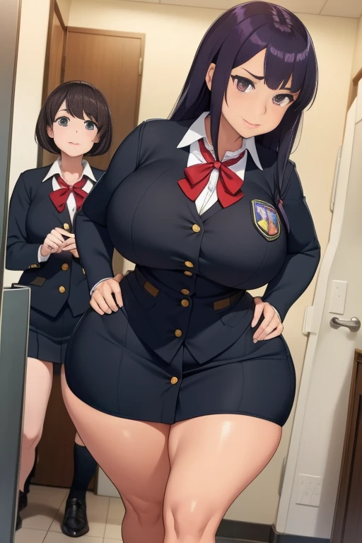 A black woman with giant tits, wide hips with purple hair with brown eyes who is wearing a schoolgirl's uniform that fits tight, that the buttons on her shirt are about to explode and only hold it together with a single button in the center she is with her younger sister who is very short but has giant tits that she has to carry them with her full hands