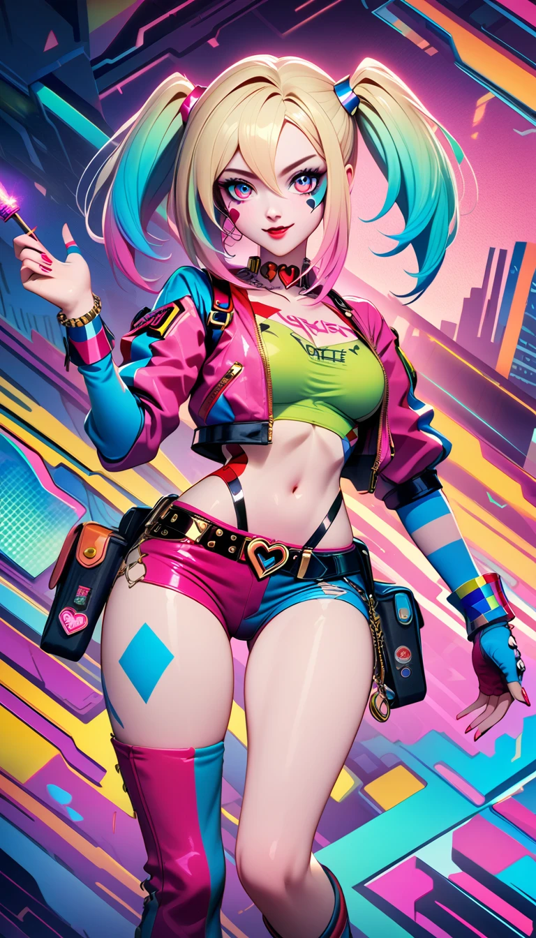 ((top-notch quality)), ((masterwork)), Subject: Cyberpunk Harley Quinn, Action: Smoking cannabis goodness, Artist: Louis Wain, Style: Cyberpunk, Cannabis-inspired, DMT, Artegem, Medium: Digital Rendering, Category: Comic Book Art, Color Palette: Vibrant, Cyberpunk, Cannabis-inspired, DMT, Digital Graphics: Ethereal Patterns, Transcendence, Resolution: High-Res, Positive Prompt: Create a ((top-notch quality)), ((masterwork)), ((true-to-life)) digital rendering that features the iconic character Harley Quinn from DC in a captivating cyberpunk setting. Illustrate her enjoying cannabis goodness while seamlessly incorporating elements of the cyberpunk, cannabis-inspired, DMT, Artegem, and chiaroscuro styles. Employ Louis Wain's artistic vision to construct the environment. Pay meticulous attention to high levels of detail and vibrant colors, infusing the composition with the essence of cyberpunk aesthetics. Include cannabis-inspired and DMT elements to create an ethe, Chiaroscuro, 4K, 4K, 1080P