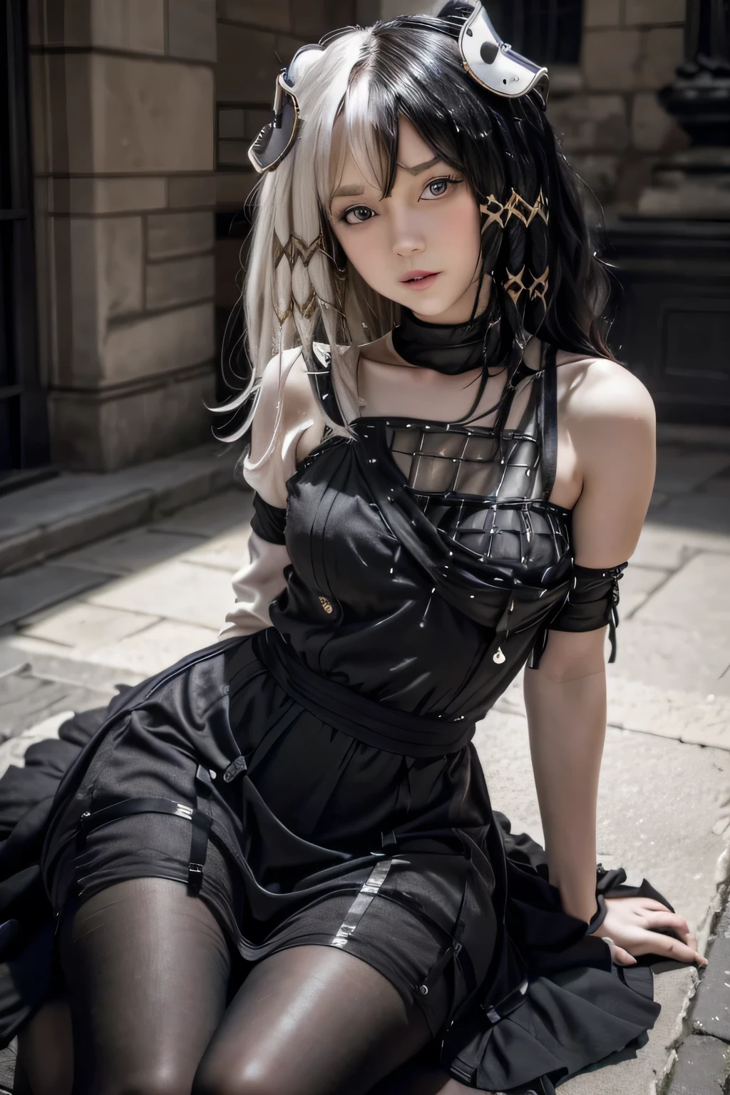 1 girl,Olantilene , x hair ornament, heterochromia, black eyes, grey eyes, fitted dress,  open neck dress small dress, sex dress ,B , waist 50 cm and hips 60 cm,wide thighs,muslos grandes,in a Gothic castle...