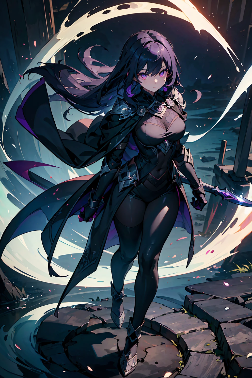 (((masterpiece, best quality, high detailed, 16k))) (1girl) The "Lord of Shadows," an enigmatic and powerful female figure cloaked in swirling shadows, with ethereal, flowing black and violet hair that seems to dissolve into mist. Her eyes are a piercing silver with a cold, omniscient gaze, and her skin has a ghostly, pale glow. She wears an intricately detailed, obsidian-black armor with sharp edges and dark gemstones that pulse with an eerie light. Her cape is made of dark energy, flowing like smoke, and in her hand, she wields a shadowy scythe, with the blade shimmering in deep purples. The atmosphere around her is cold and dark, with ghostly figures swirling near her feet. ((full body)), ((extremely detailed)).