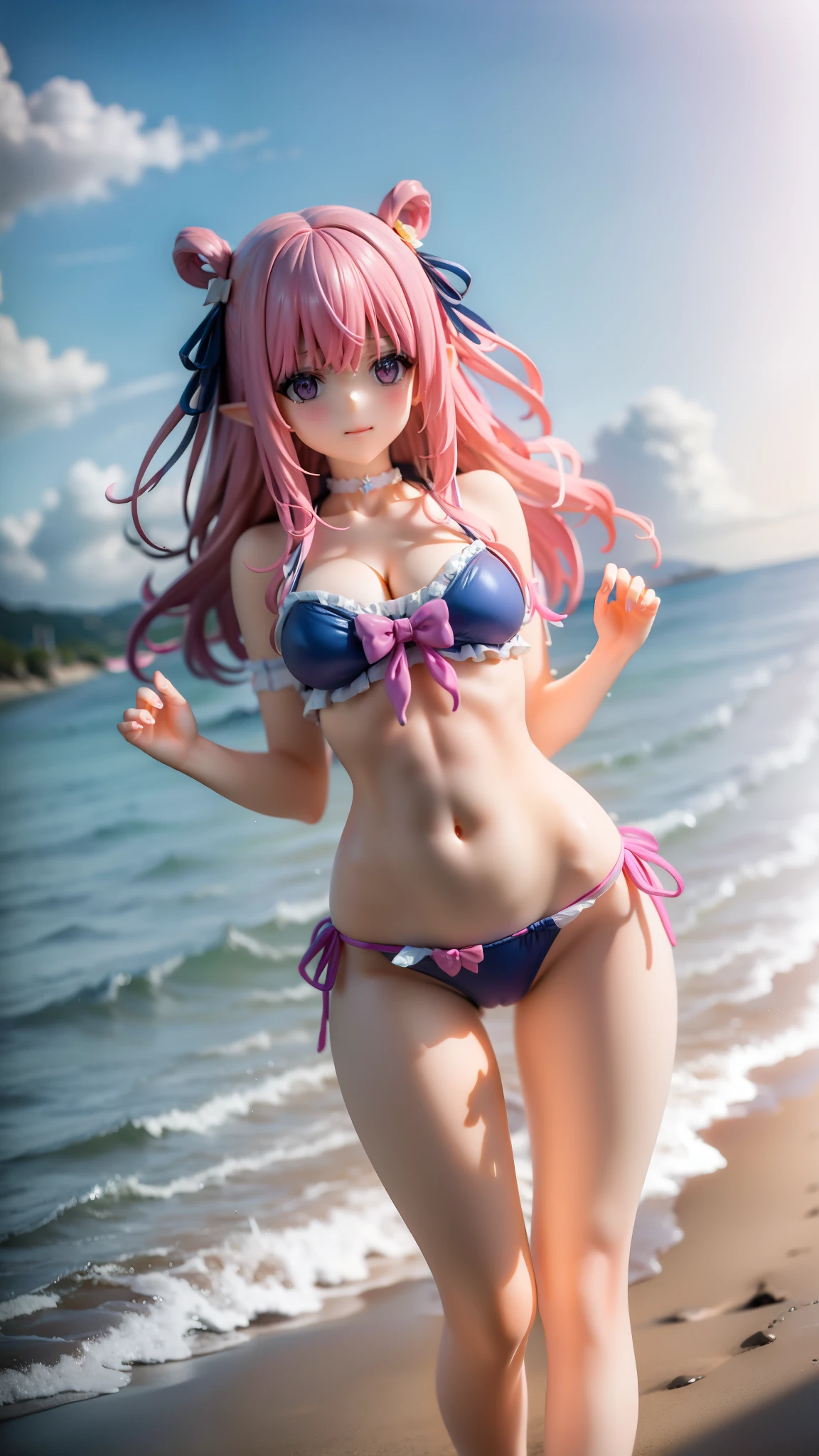 Pink hair,,,bow ribbon,navel ,stomach,beach,ocean,outdoor,large breasts,bikini,cleavage,wide hip,curvy,