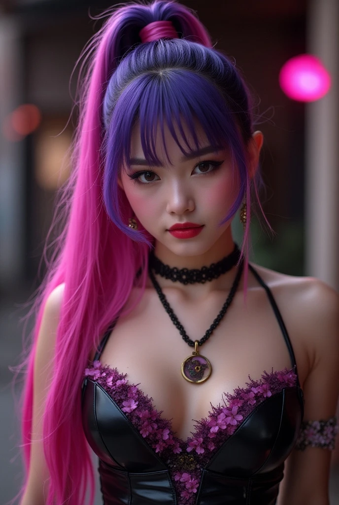 ultra realistic girl, orange and pink ombre background, closeup, lip-gloss, long lashes, lipstick, defined eyebrows, ultra detailed metallic eye-makeup, halloween, goth, gyaru, purple flowing hair, garter belt, cute lack lace underwear, sweet and sexy, seductive pose, smile