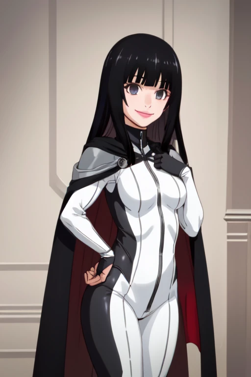 , solo,black hair, long hair. grey eyes, smile, grey lips, white cape, best quality, masterpiece, 1girl, Masterpiece, Best Quality, Detail, room, bodysuit, cape in front,