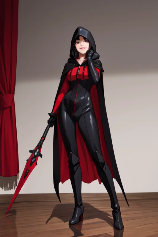 , solo,black hair, long hair. grey eyes, smile, lips, black and red cape, best quality, hood up, gloves, standing, cape covered full hood, thigh heels boots, masterpiece, 1girl, Best Quality, Detail, room, bodysuit, cape in front,