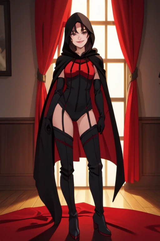 , solo,black hair, long hair. grey eyes, smile, lips, black and red cape, best quality, hood up, gloves, standing, cape covered full hood, thigh heels boots, masterpiece, 1girl, Best Quality, Detail, room, bodysuit, cape in front,