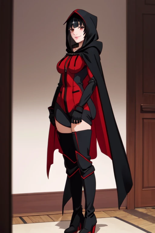 , solo,black hair, long hair. grey eyes, smile, lips, black and red cape, best quality, hood up, gloves, standing, cape covered full hood, thigh heels boots, masterpiece, 1girl, Best Quality, Detail, room, bodysuit, cape in front,