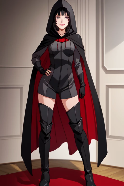 , solo,black hair, long hair. grey eyes, smile, lips, black and red cape, best quality, hood up, gloves, standing, cape covered full hood, thigh heels boots, masterpiece, 1girl, Best Quality, Detail, room, bodysuit, cape in front,