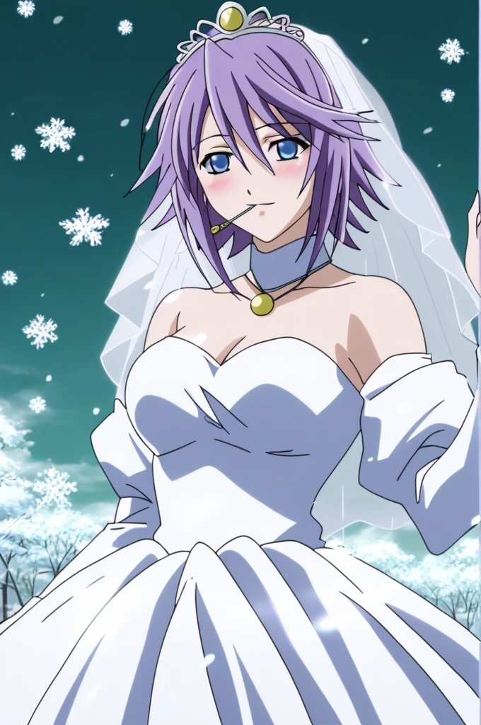 score_9, score_8_up, score_7_up, source anime, prefect lighting, 
Kawai 1girl, shirayuki mizore, rosario+vampire, short hair, blue eyes, big breasts, mizoreyuki, purple hair, anime coloring, anime screencap, looking at viewerA beautiful illustration of Mizore Shirayuki from Rosario + Vampire, wearing a stunning wedding dress. The dress is elegant and flowing, with delicate lace details, a soft, snowy-white color, and a slightly ethereal, icy vibe that complements her character. She stands in a serene winter landscape, surrounded by soft snowflakes falling gently around her, adding a magical, peaceful atmosphere. Mizore’s expression is gentle and calm, with a slight blush, capturing her unique charm and reserved nature. Her lavender hair is styled gracefully, with a few strands framing her face, adding to the romantic feel of the scene, full Hd, 4K, happy