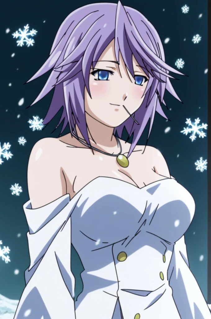 score_9, score_8_up, score_7_up, source anime, prefect lighting, 
Kawai 1girl, shirayuki mizore, rosario+vampire, short hair, blue eyes, big breasts, mizoreyuki, purple hair, anime coloring, anime screencap, looking at viewerA beautiful illustration of Mizore Shirayuki from Rosario + Vampire, wearing a stunning wedding dress. The dress is elegant and flowing, with delicate lace details, a soft, snowy-white color, and a slightly ethereal, icy vibe that complements her character. She stands in a serene winter landscape, surrounded by soft snowflakes falling gently around her, adding a magical, peaceful atmosphere. Mizore’s expression is gentle and calm, with a slight blush, capturing her unique charm and reserved nature. Her lavender hair is styled gracefully, with a few strands framing her face, adding to the romantic feel of the scene, full Hd, 4K, happy