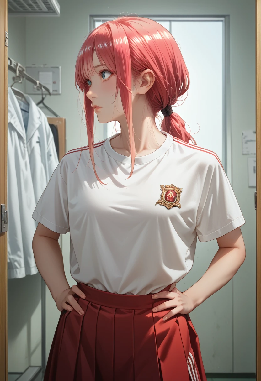 ultra-detailed,highly detailed,best quality,masterpiece,illustration, 
The image features an anime-style character with long pink hair  The character is wearing a white sports shirt with red accents and a matching red skirt. The setting appears to be a locker room or a sports equipment room, as there are clothes and uniforms hanging in the background. The character's pose, with hands on hips and a slightly tilted head, suggests confidence or curiosity. The lighting is soft, casting gentle shadows and giving the scene a somewhat realistic touch despite its animated nature.