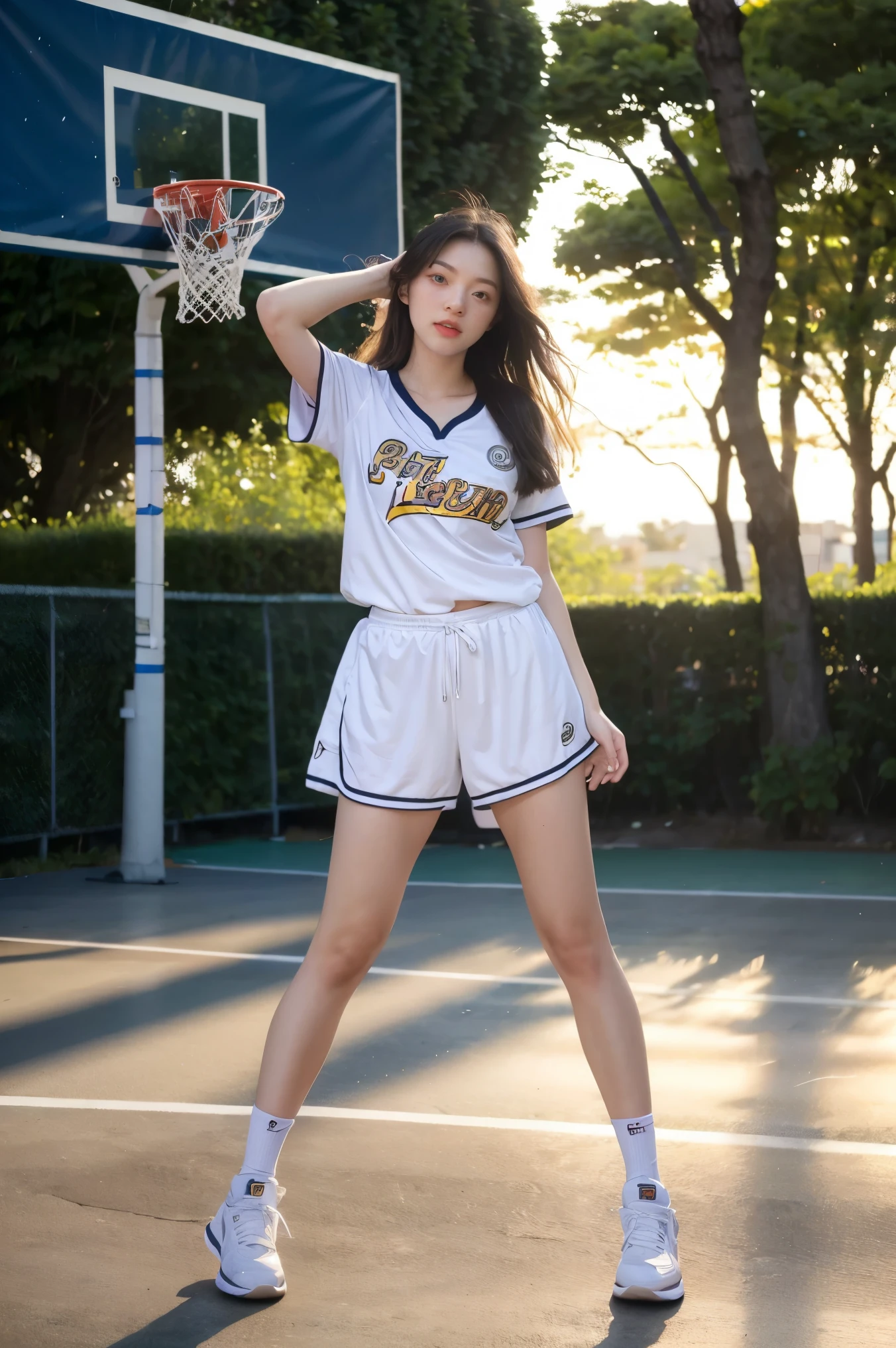 (8k, best quality, masterpiece:1.2), (realistic, photo-realistic:1.37), ultra-detailed,best quality, ultra high res, professional lighting, photon mapping, radiosity, physically-based rendering, cinematic lighting, basketball court,depth of field, sharp focus,sunbeam, good composition,(bokeh:1.2) 1girl,solo,(full body), (closed mouth), detailed eyes, pose, narrow waist,basketball uniform, black hair,messy hair,long hair floating in wind