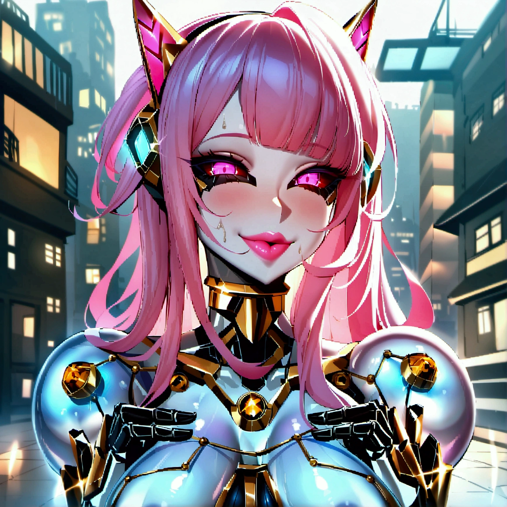 Full body, high heels,  pinup pose,  Score_9, score_8_up, score_7_up, score_6_up, source_anime, 1girl,   BREAK, glowing eyes, BREAK, robot ears, mechanical horns, mechanical tail, high heels, slim waist, midriff, iridescent skin, , shiny skin, iridescent shine, plastic white skin, skin made of white latex, latex skin, gold choker, gold armlet, gold neck, built in high heels, gold heels, mechanical legs, gold thigh strap, white latex skin, iridescent white skin, iridescent gloss, white skin, plastic skin, glossy skin, extremely shiny skin, robot arms, robot legs, robot ears, iridescent white skin, shiny skin, robotic, glowing pink mouth, pink lips,  Pink eyes, black sclera, sparks, steam, gigantic breasts, oversized breasts, soft breasts, enormous breasts , iridescent hair, lilac hair.  Scene: Robot woman, Her new body has seams, the seams on her mechanical body glow lilac, glowing seams, her mechanical neck is made of gold, and she has a mechanical spaded tail. She is exuding steam and sparks, her breath faintly glows purple, her breasts have no nipples. Lifting her own breast, she is smiling. Gigantc breasts, g cup breasts. mechanical horns, glowing horns, mechanical ears. Plastic hair, mechanical hair two tone hair. lilac hair with pink highlights. glowing mechanical fox ears made of metal. cupping her own breasts. warm smile. purple and pink hair. long hair, hime cut. Luxurious apartment, futuristic cityscape, skyscrapers, city lights, golden neck, ,mechanical neck made of solid gold, dripping pussy juice, mechanical seams, seams on face, mechanical face, bright lighting, glowing purple core on chest, machine girl, robot face. seams on face. mechanical halo levitating over head.  Gigantic breasts, g cups, g cup breasts, watermelon sized breasts, from a distance. full body, fullbody. From head to toe, full_body.