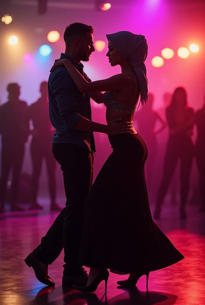 a woman and man dancing cha cha cha on a nightclub stage, 80s retro aesthetic, dramatic spotlight lighting, extreme detail, high quality, photorealistic, vibrant colors, neon lights, smoke machine effects, dynamic poses, glamorous outfits, intricate background details