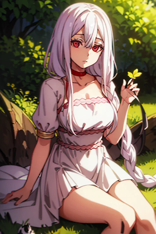 masterpiece, best quality, extremely detailed, anime character,art anime girl, shiraori( So i'm a spider,so what ? ), detailed beautiful face and eyes, high resolution illustration 4K, 2D, solo, 1 girl, a girl with white hair and red eyes, long white hair, long single braid,beautiful red eyes, detailed eye, young woman,, , young girl,white dress, looking at viewer, semi realistic ,white skin, smooth skin, bright skin,red choker,sitting on the glass, daytime, holding a flower