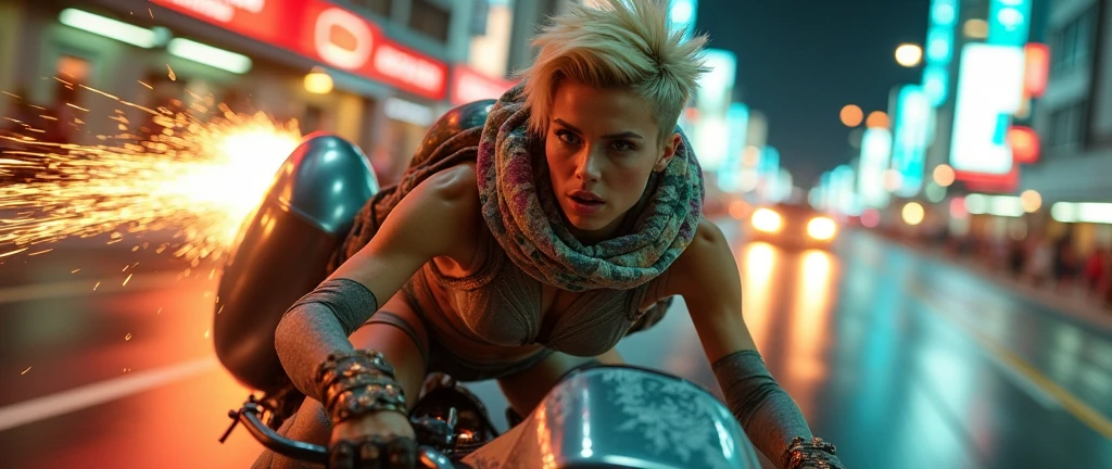 High-speed hover vehicle chase | a lone, fierse, thin nordic woman with spikey blonde asymmetrical pixie-cut hair shaved on one side riding sleek chrome hoverbike above the roadway through neon cityscape, Above the waist she is wearing a large colorful scarf around her neck that hangs to cover her lace bra. The bra features a delicate open-weave lace pattern with floral motifs connected by a mesh-like ground. Her warrior face is etched with weariness from battle her lips are apart fiercely baring her teeth. She is looking pleadingly at the camera.Her bruised and scratched body is glistening with sweat and she wears a loose retro-futuristic metallic silver skirt with slits on the sides blown open by the wind. her exposed ears are natural and free from any earrings or jewelry.Her knee-high boots are scuffed and worn, war paint glowing under city lights | detailed speed effects, flying sparks, banking at impossible angle | professional motorsport photography, dynamic lighting | photorealistic action shot | styled like Fast & Furious meets Tron | --ar 2:1