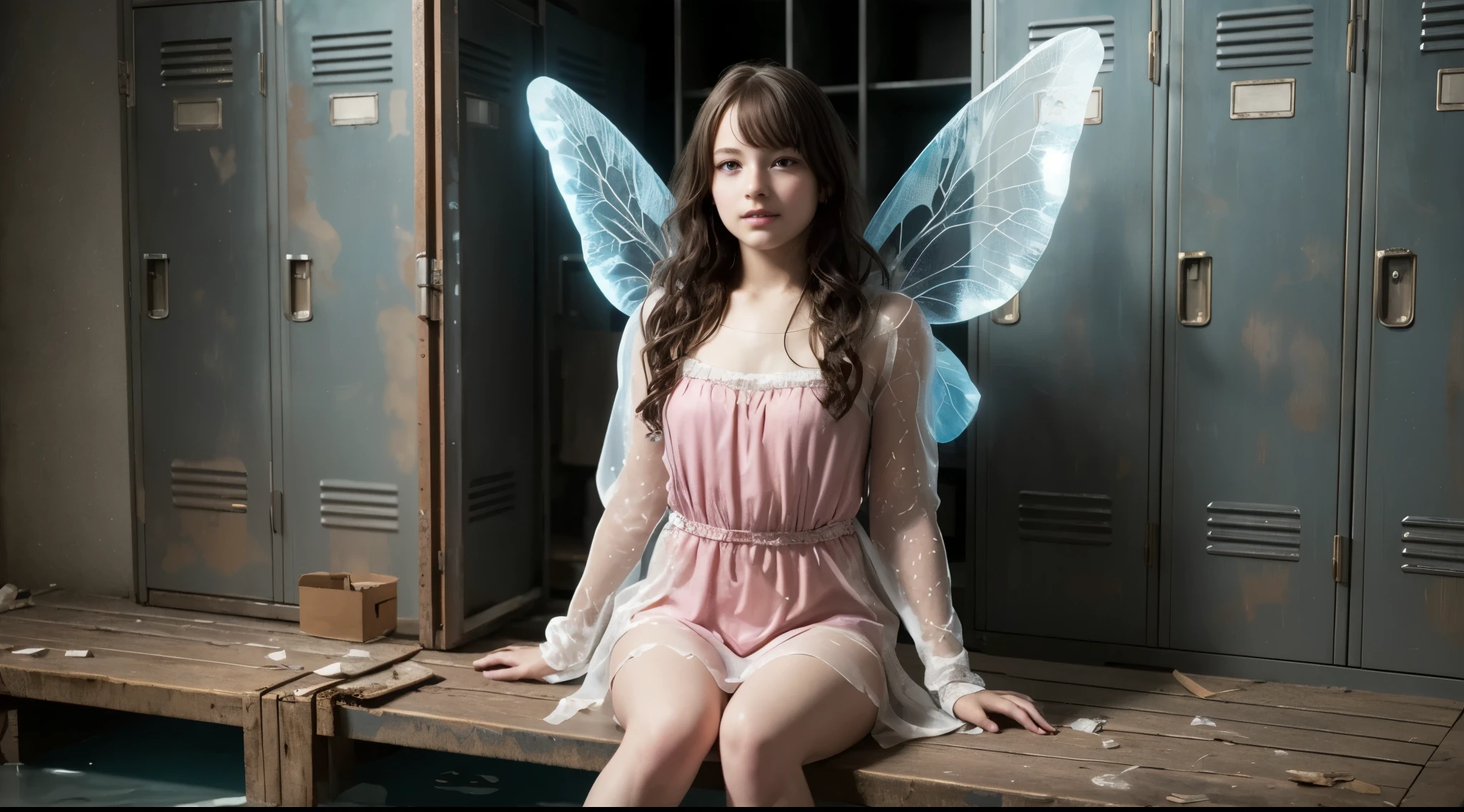 girl in abandoned locker room, BREAK, girl, sitting, detailed skin, realistic skin texture, very long hair, bangs, looking at viewer, locker, rusted steel locker, weathered, moldy, (humid), (post-apocalyptic:1.4), intricate pink leotard, (13yo, cute:1.8), (breasts:1.2), see-through fairy wings, glittering dust, on water, long sleeves, fantasy, water magic, beautiful maiden, dress of water, realistic oil painting, beautiful realistic painting, nymph in the water, hyper realistic, river, hyper realistic fantasy art, splashes, realistic fantasy painting, beautiful picture, narrow depth of field, heavy clothes,