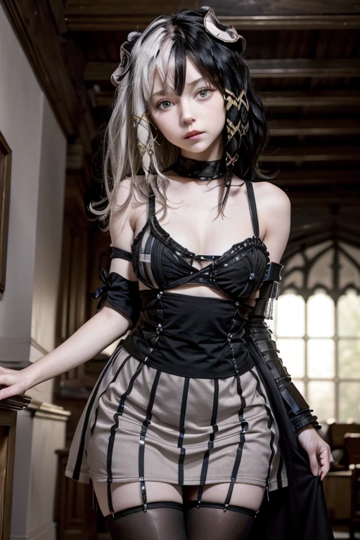 1 girl,Olantilene , x hair ornament, heterochromia, black eyes, grey eyes, fitted dress,  open neck dress small dress, sex dress , dress with neckline,senos sobresalientes,B , waist 50 cm and hips 60 cm,wide thighs,muslos grandes, in a gothic castle ...