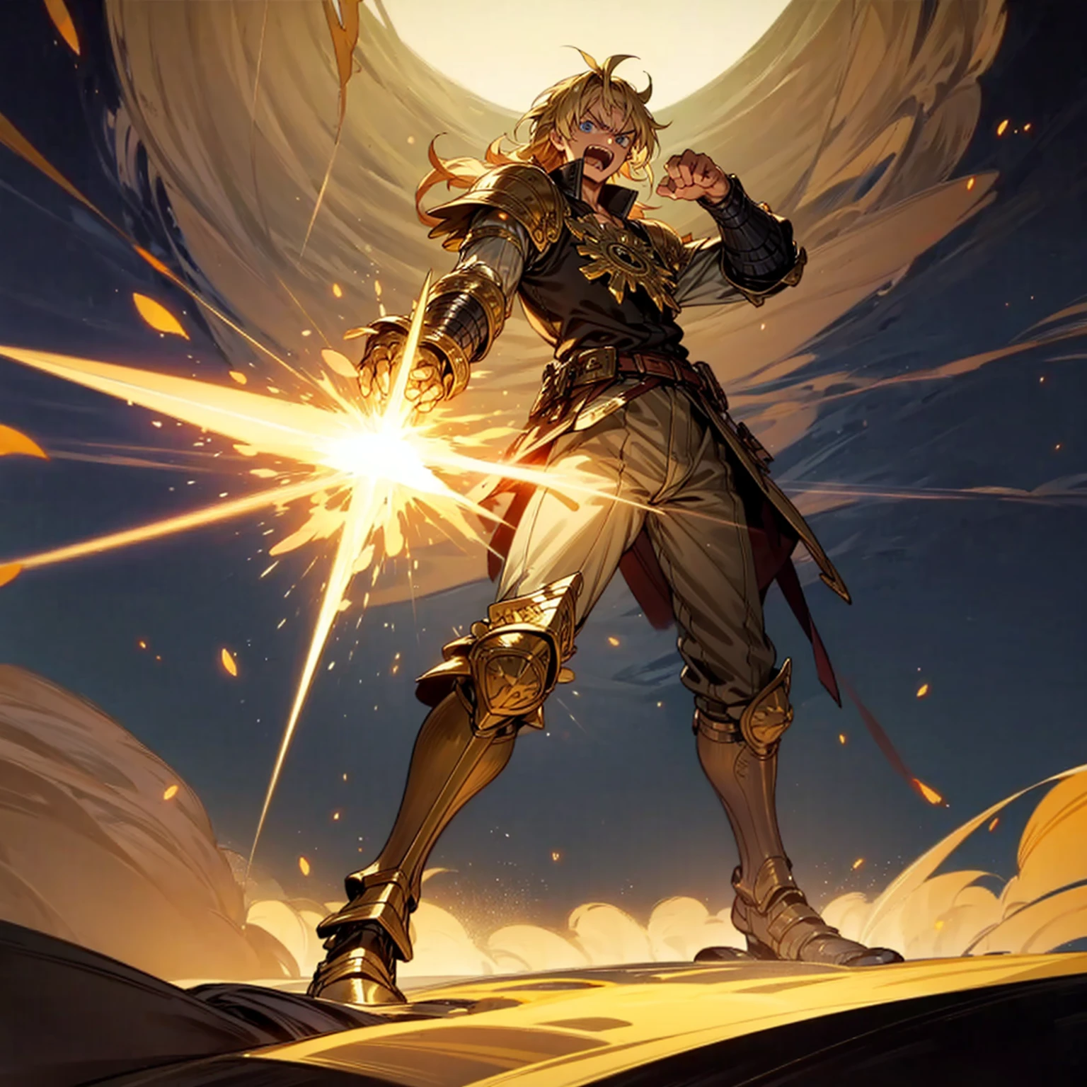 Solo character, middle aged man, tall,  muscle, Full body version, blue eyes, big eyes, Tan skin, long Shaggy hairstyle, blonde colour hair, angry eyes, boots, gold sword in hand, gold armor, heavy armored, island, outdoor, night, standing gesture, detailed hair, detailed clothing, detailed background, (one piece style art), smoke effect, glow effect on sword, glow effect, lighting, Moonlight, fire, blood on background, Final boss poses, templar knight custom, open mouth 