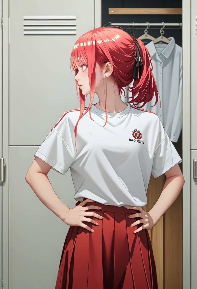 ultra-detailed,highly detailed,best quality,masterpiece,illustration, 
The image features an anime-style character with long pink hair  The character is wearing a white sports shirt with red accents and a matching red skirt. The setting appears to be a locker room or a sports equipment room, as there are clothes and uniforms hanging in the background. The character's pose, with hands on hips and a slightly tilted head, suggests confidence or curiosity. The lighting is soft, casting gentle shadows and giving the scene a somewhat realistic touch despite its animated nature.